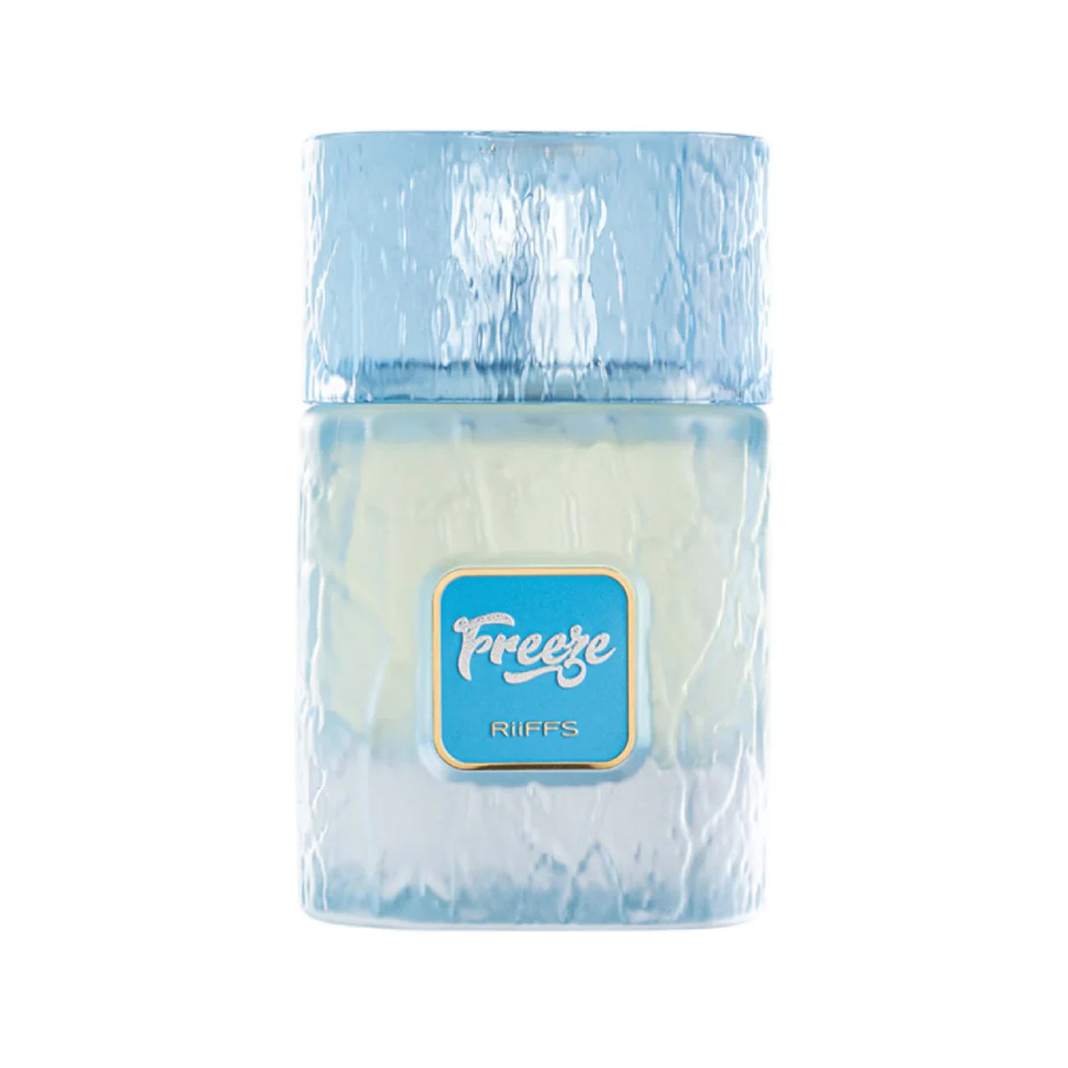 Riiffs Freeze 100ml perfume bottle with a textured, icy blue glass design and a square logo label.