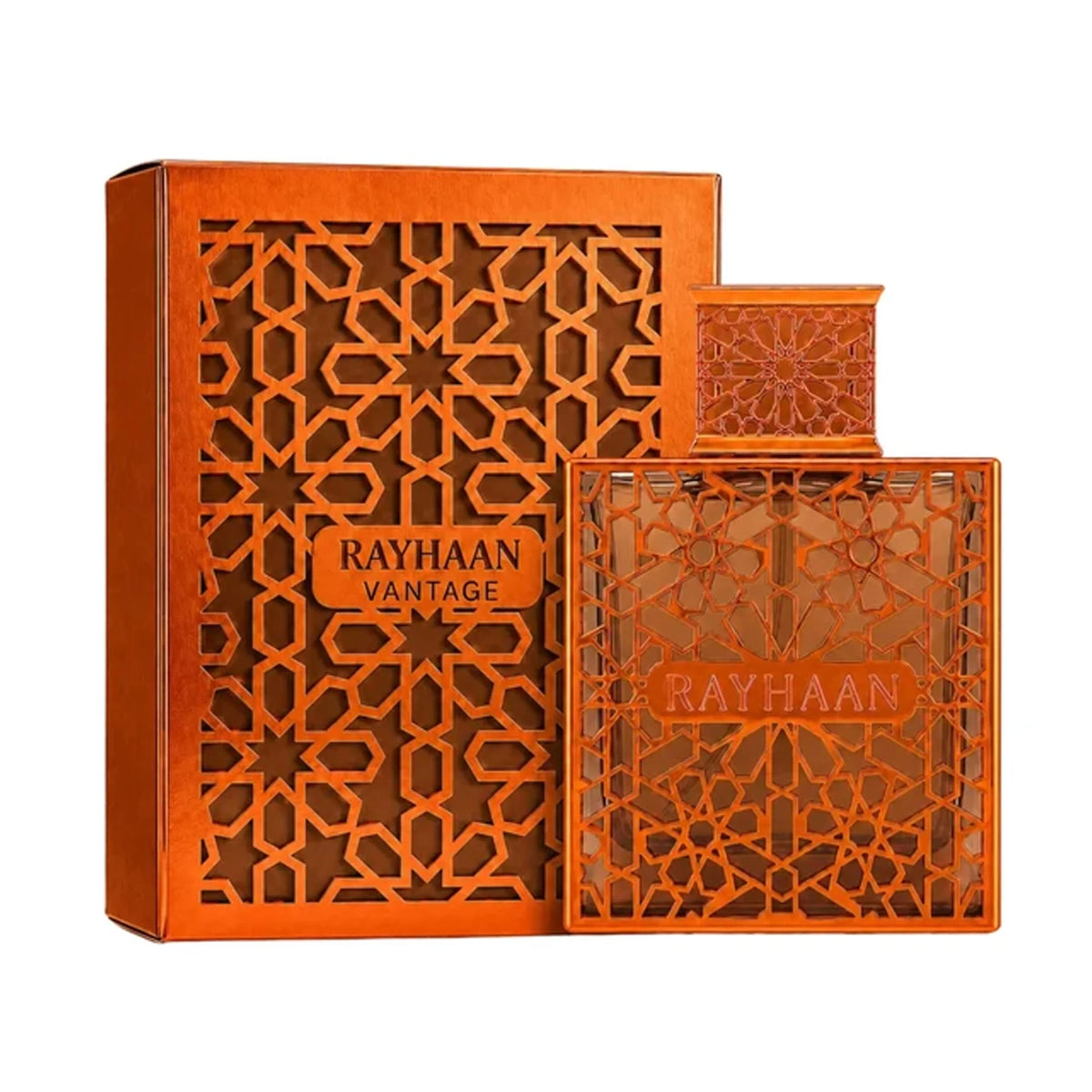 Rayhaan Vantage 100ml perfume bottle and box in metallic orange with intricate geometric lattice patterns.