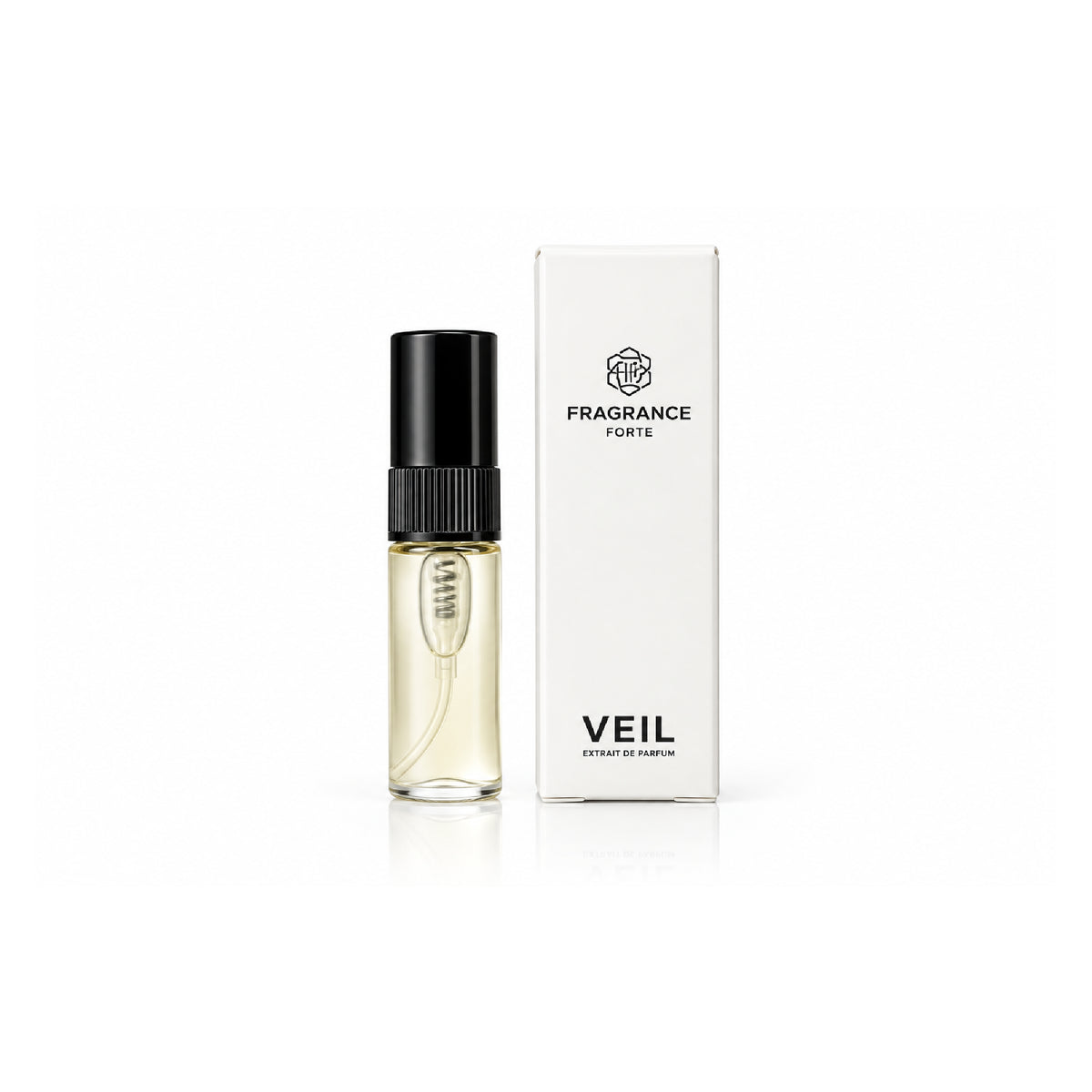 Fragrance Forte Veil extrait de parfum sample vial with black cap next to a white branded box on a white background.